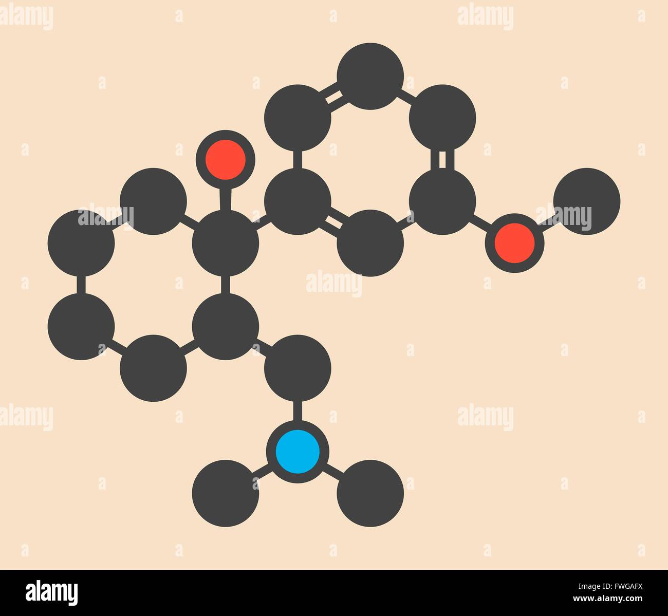 Tramadol opioid analgesic drug molecule Stylized skeletal formula (chemical structure) Atoms are shown as color-coded circles: Stock Photo