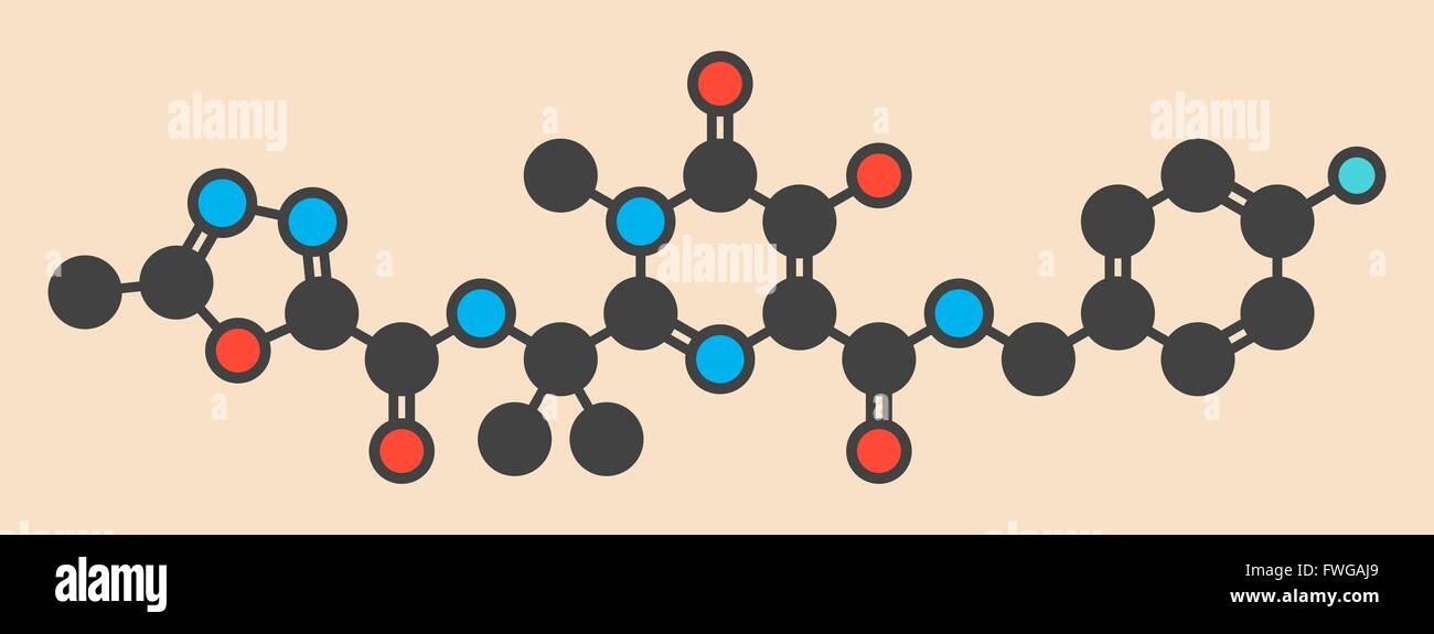 Raltegravir HIV drug (integrase inhibitor class) molecule Stylized skeletal formula (chemical structure) Atoms are shown as Stock Photo