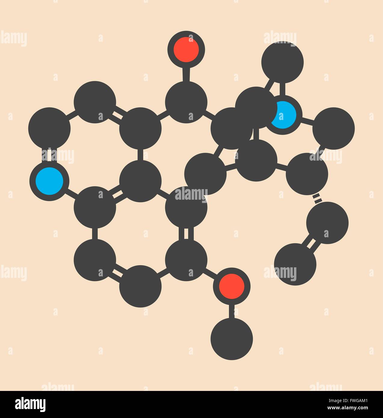 Quinine malaria drug molecule Isolated from cinchona tree bark Stylized
