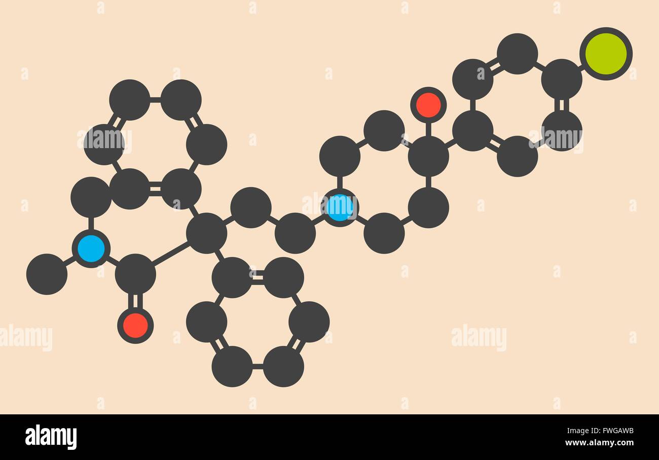 Loperamide diarrhoea drug molecule Stylized skeletal formula (chemical structure) Atoms are shown as color-coded circles: Stock Photo