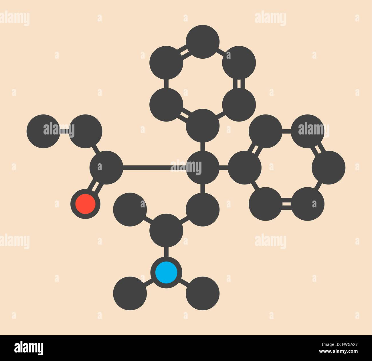 Methadone opioid dependency drug molecule Also used as analgesic Stylized skeletal formula (chemical structure) Atoms are shown Stock Photo