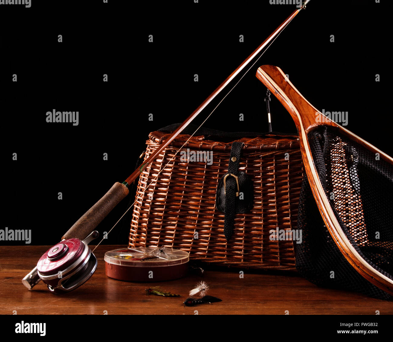 Fly fishing pole and gear studio image Stock Photo Alamy