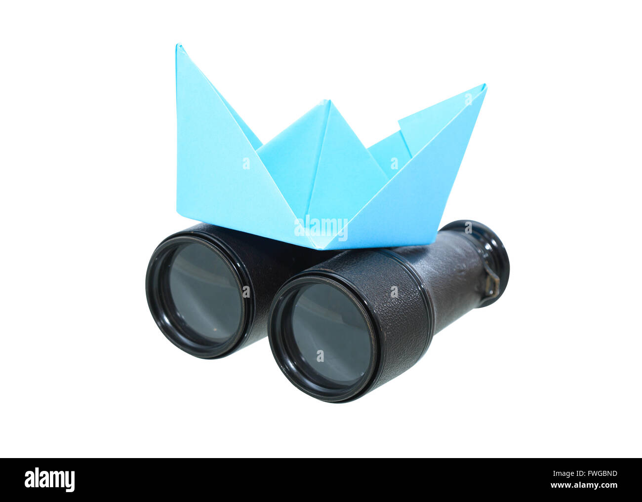 Blue paper boat and binoculars isolated on white background with clipping path Stock Photo