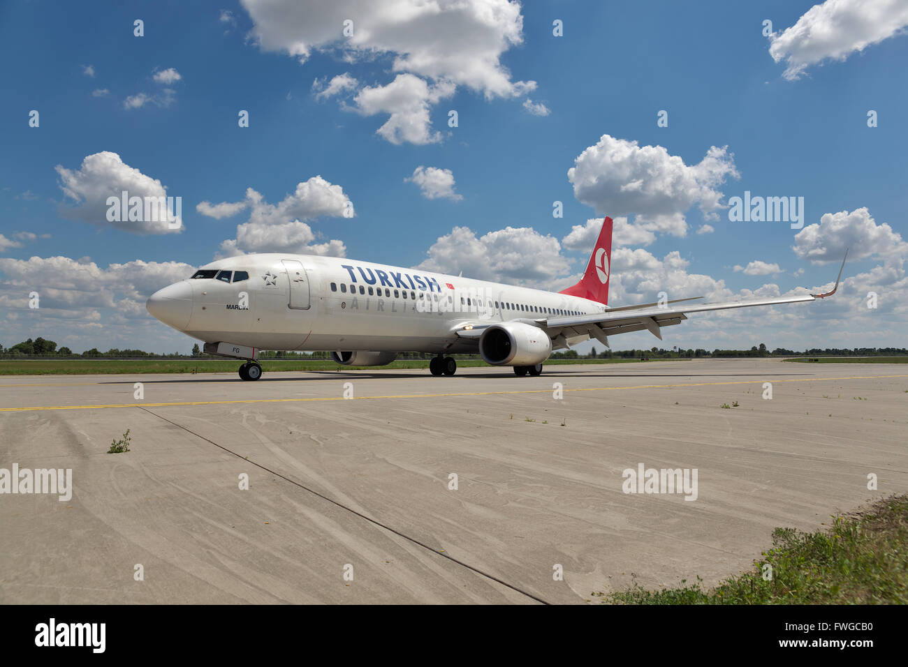 Borispol, Ukraine - July 5, 2014: Turkish Airlines Boeing 737 taxiing to the terminal after landing Stock Photo