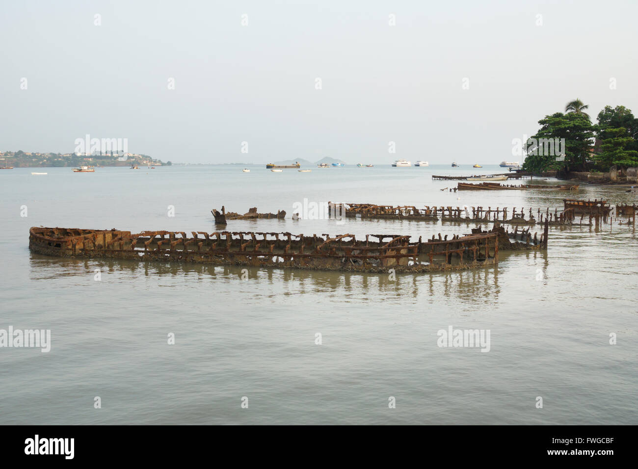Sao Tome beach full with boat wrecks Stock Photo