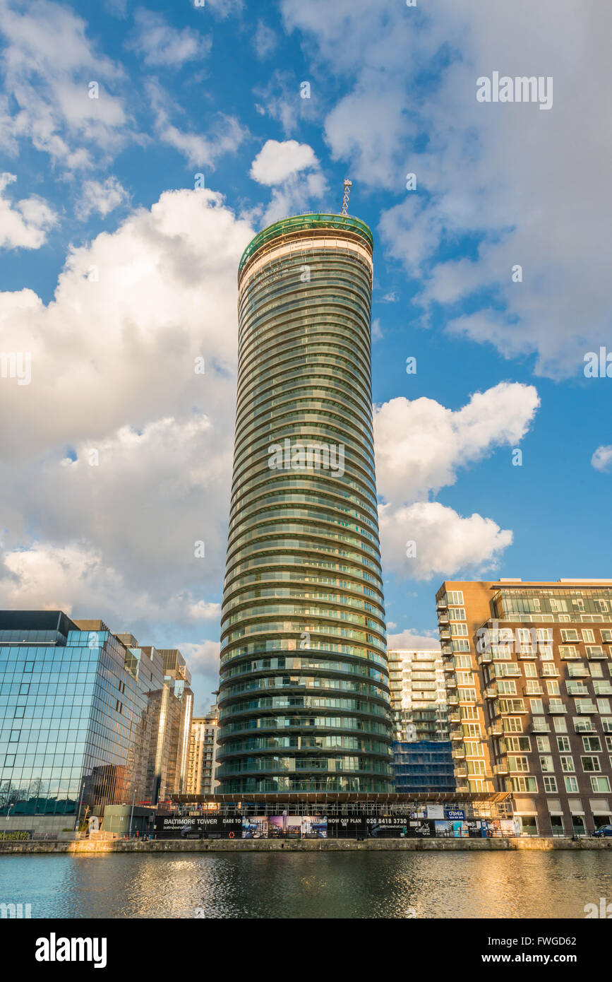 London, United Kingdom - March 31, 2016: Baltimore Tower in London, South Quay. This is a new residential skyscraper which is no Stock Photo