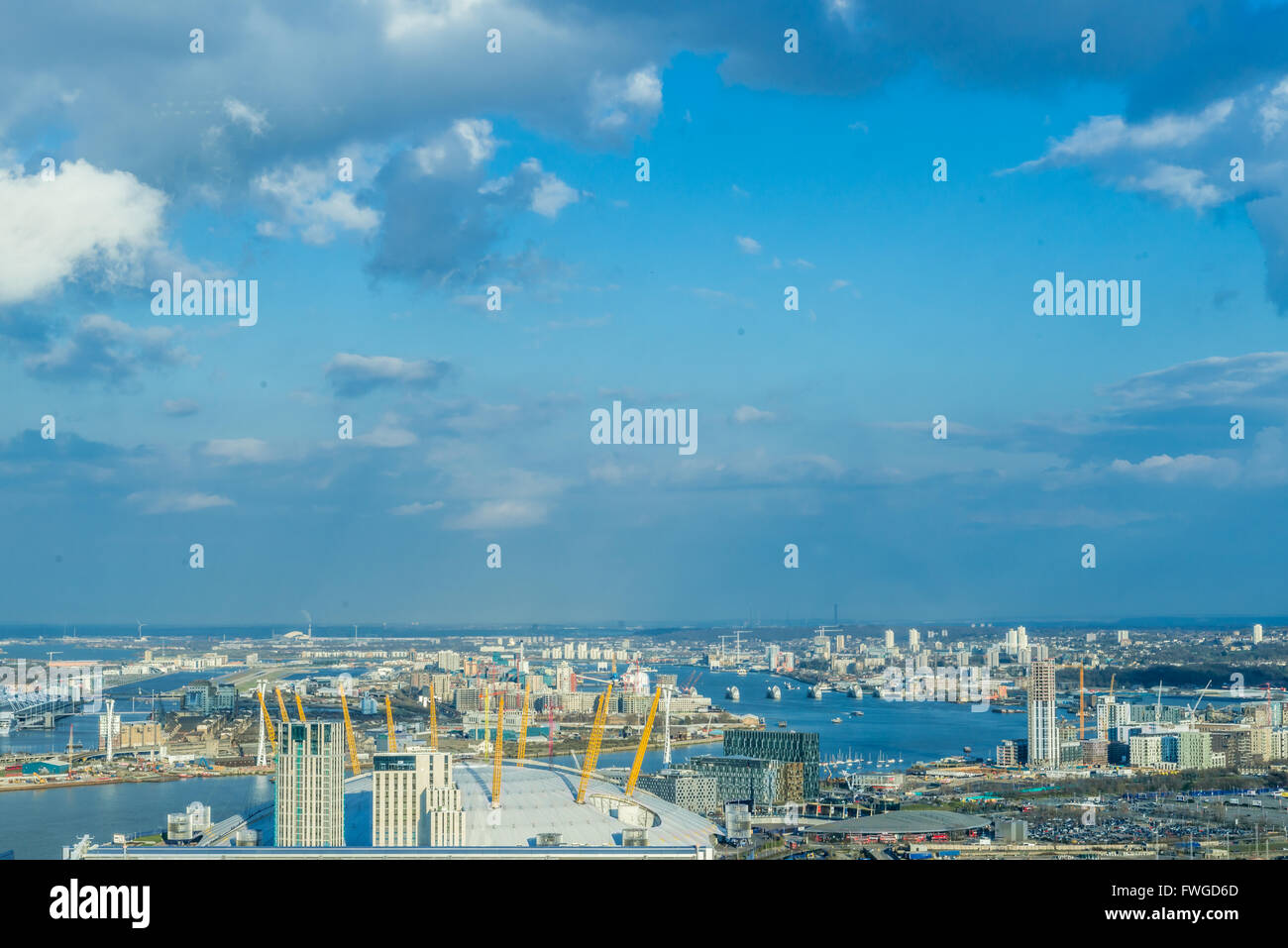 London, United Kingdom - March 31, 2016: View at London O2 Arena, North Greenwich, Thames Barriers, various residential building Stock Photo