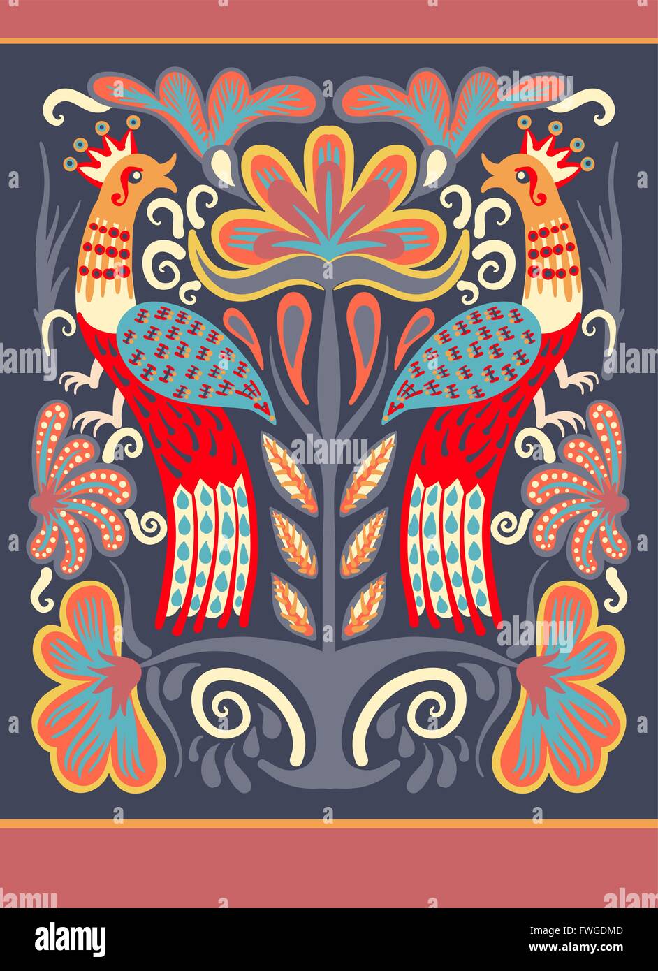 ukrainian hand drawn ethnic decorative pattern with two birds Stock Vector