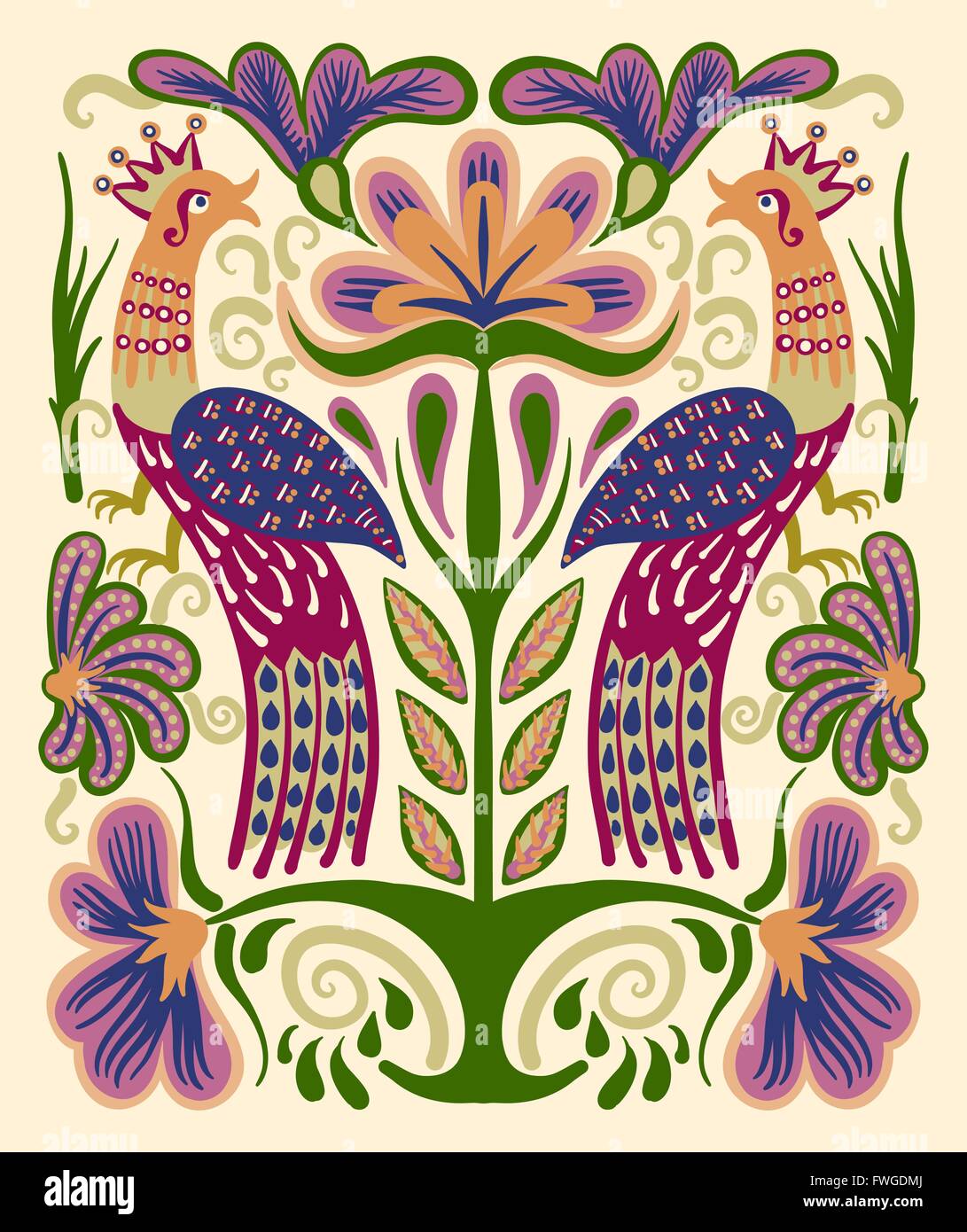 ukrainian hand drawn ethnic decorative pattern with two birds an Stock Vector