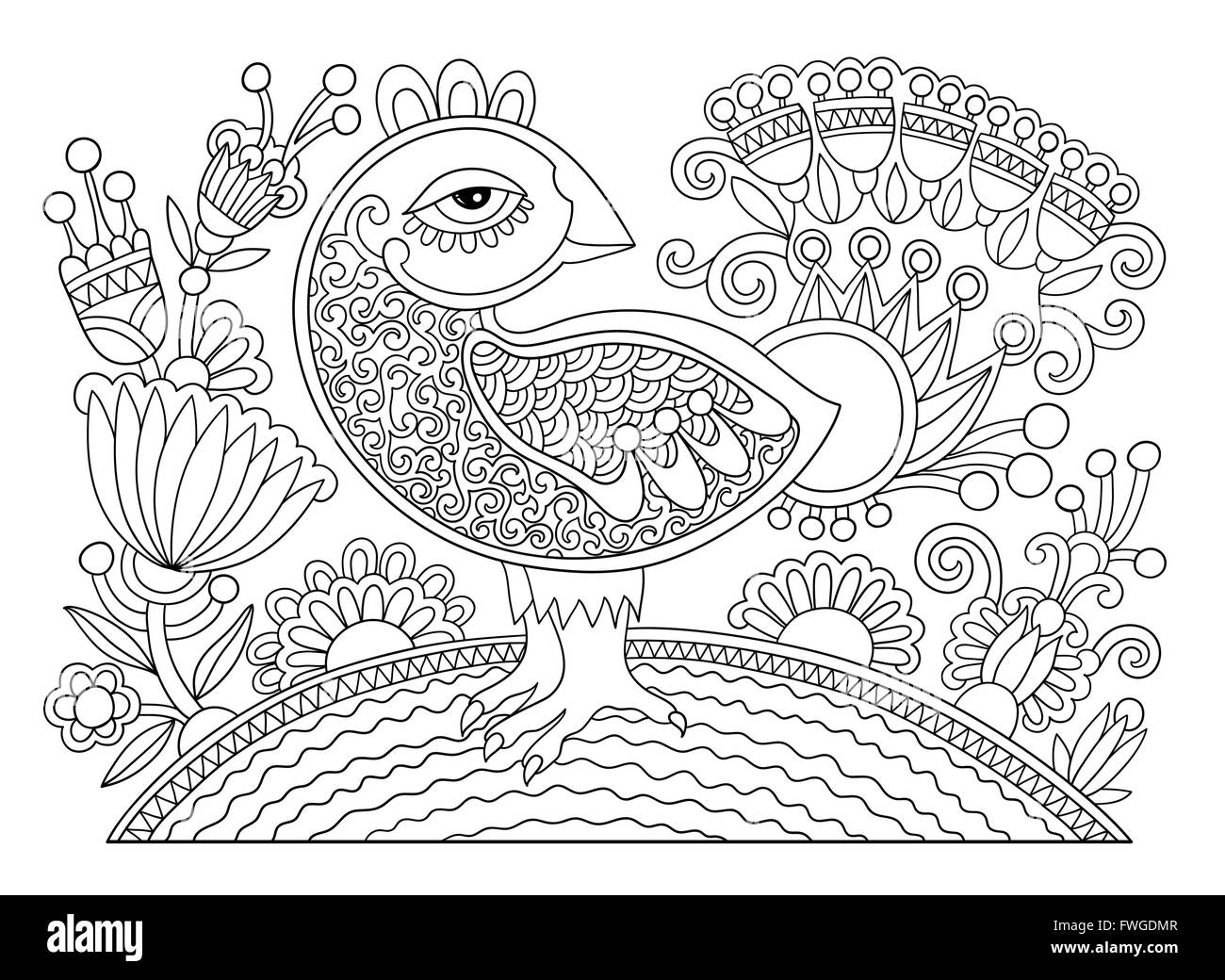 line drawing page of coloring book bird and flower Stock Vector