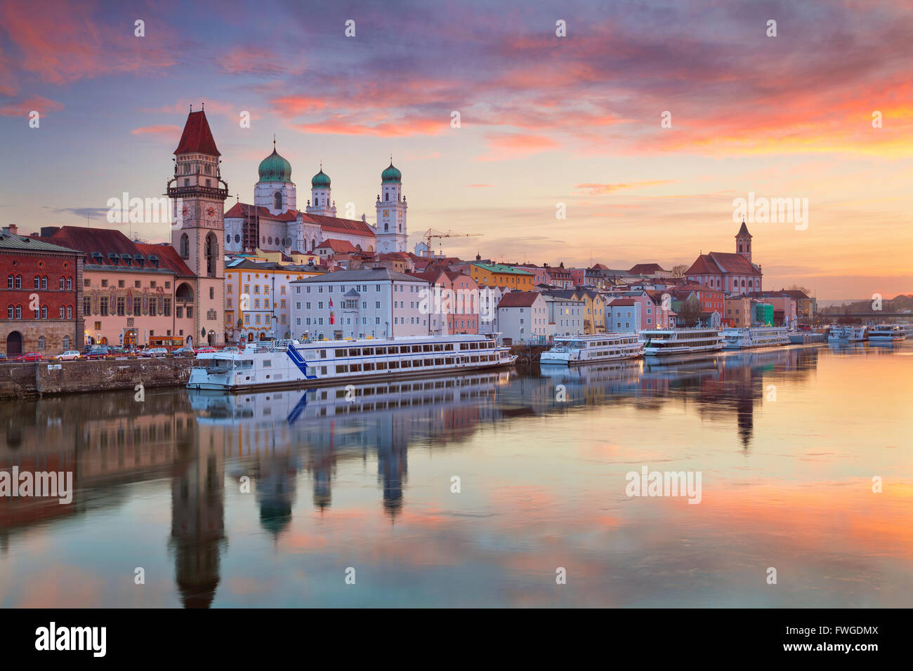Passau. Passau skyline during sunset, Bavaria, Germany. Stock Photo