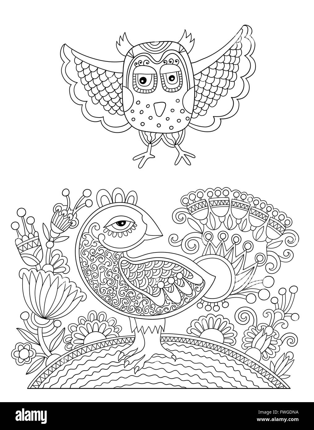 original black and white line drawing page of coloring book Stock Vector