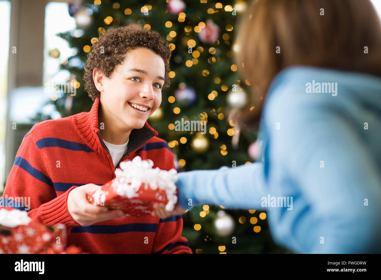 A boy and girl by a Christmas tree exchanging presents. Stock Photo