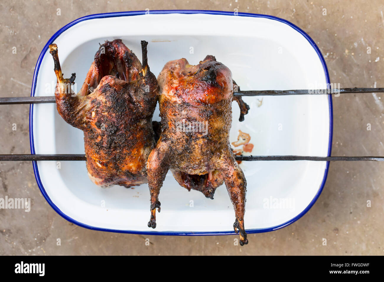 Two small roasted cooked game birds on skewers. Stock Photo