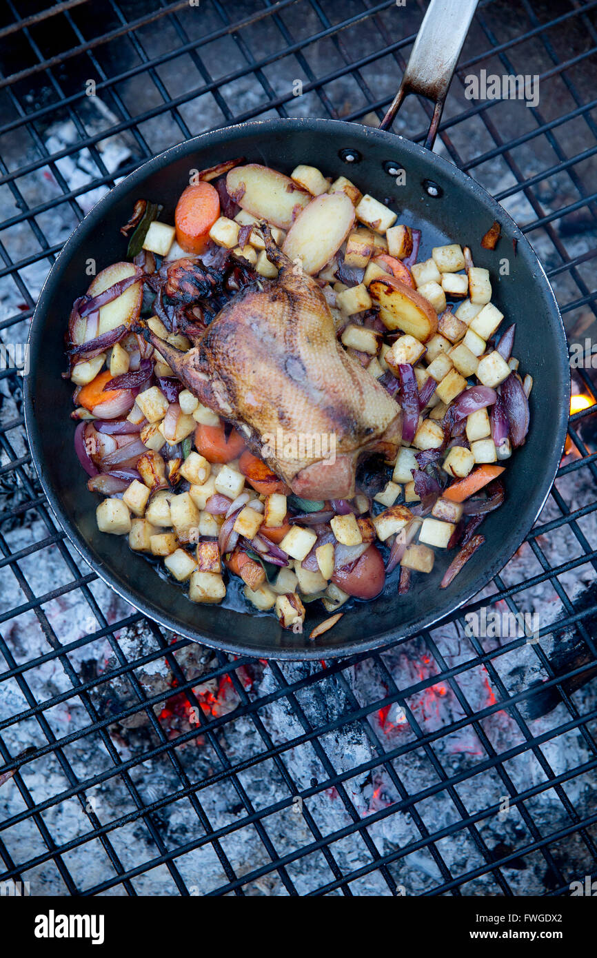 An outdoor cookout, a game birds in a pan surrounded by mirepoix of vegetables above a glowing fire. Stock Photo