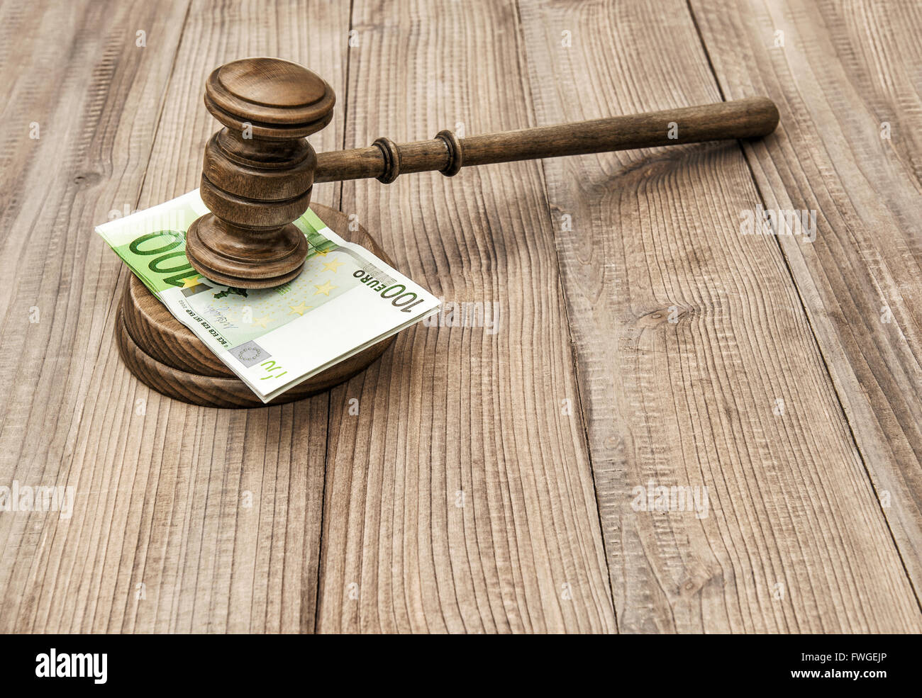 Auctioneer hammer with soundboard. Judges gavel and euro banknotes Stock Photo