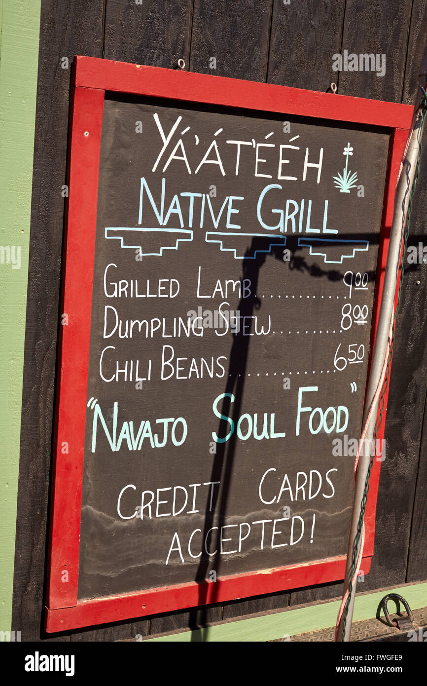 A menu board offering Native American favorites at a food truck in the Navajo Nation near Page, Arizona, USA. Stock Photo