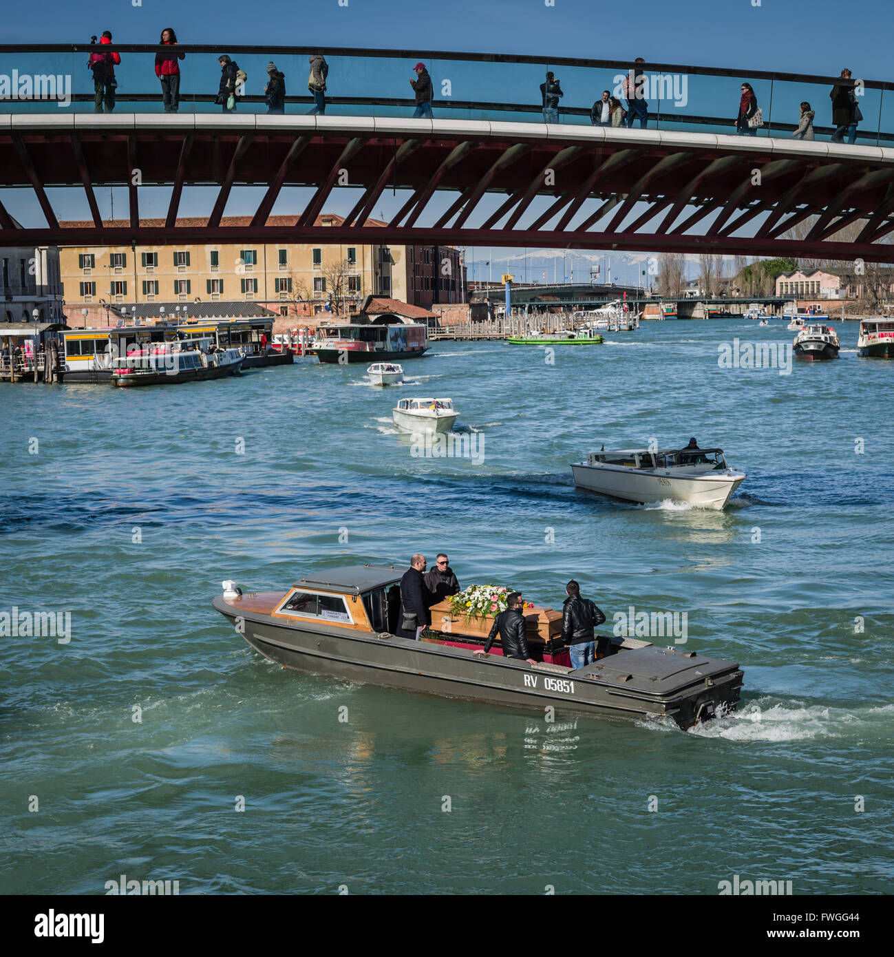 Death in Venice, a coffin is carried by water taxi to the cemetery. Stock Photo