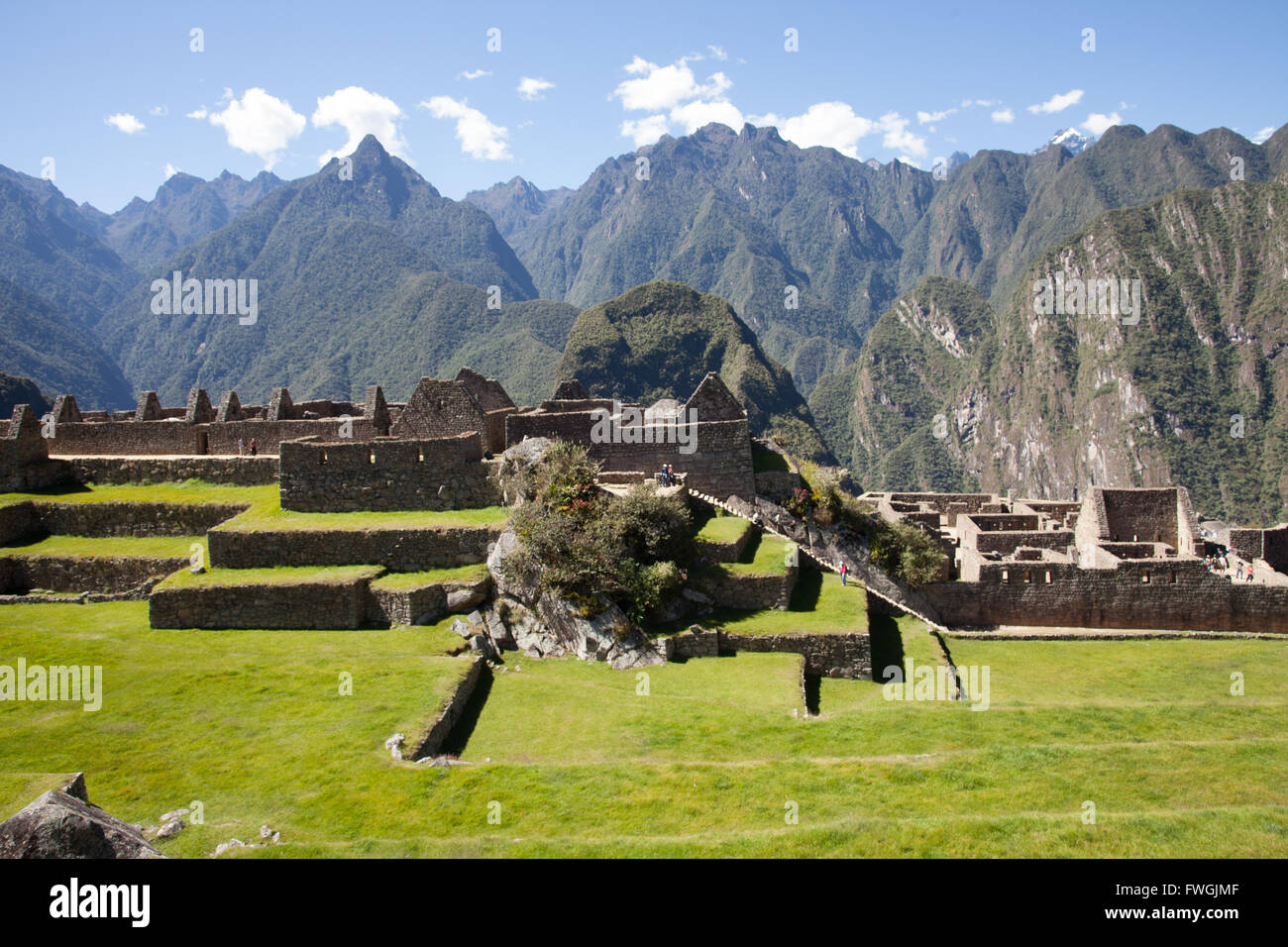 Peru, Cusco Region, Urubamba Province, Machu Picchu, Elevated View Of Grassy Terraces Stock Photo