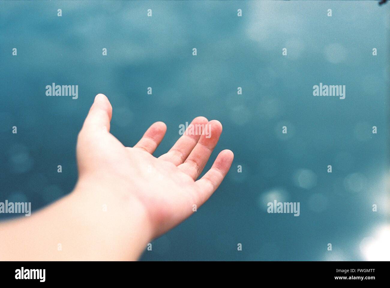 Cropped Image Of Hand Against Sea Stock Photo