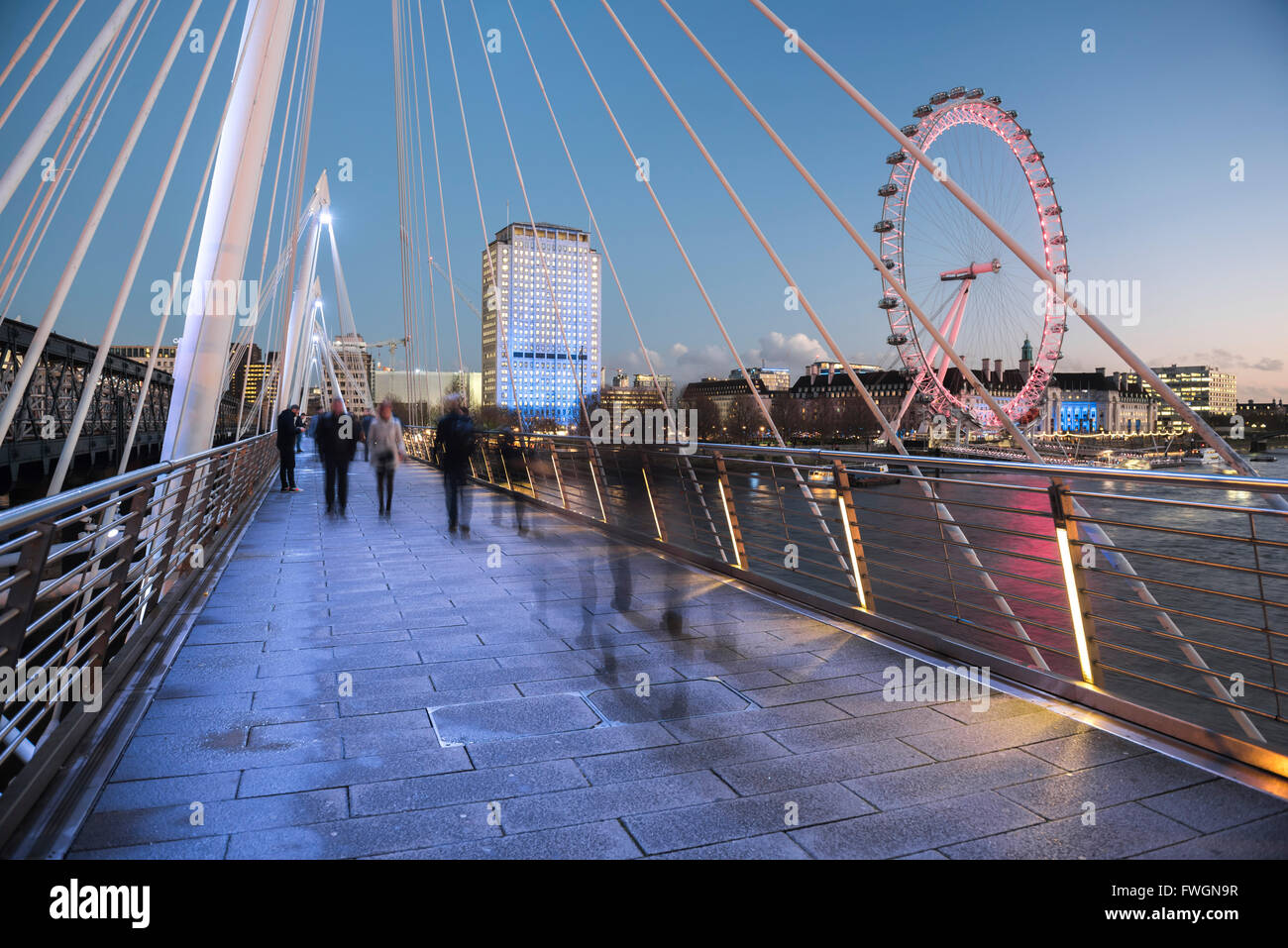 The London Eye, seen from Golden Jubilee Bridge at night, London, England, United Kingdom, Europe Stock Photo