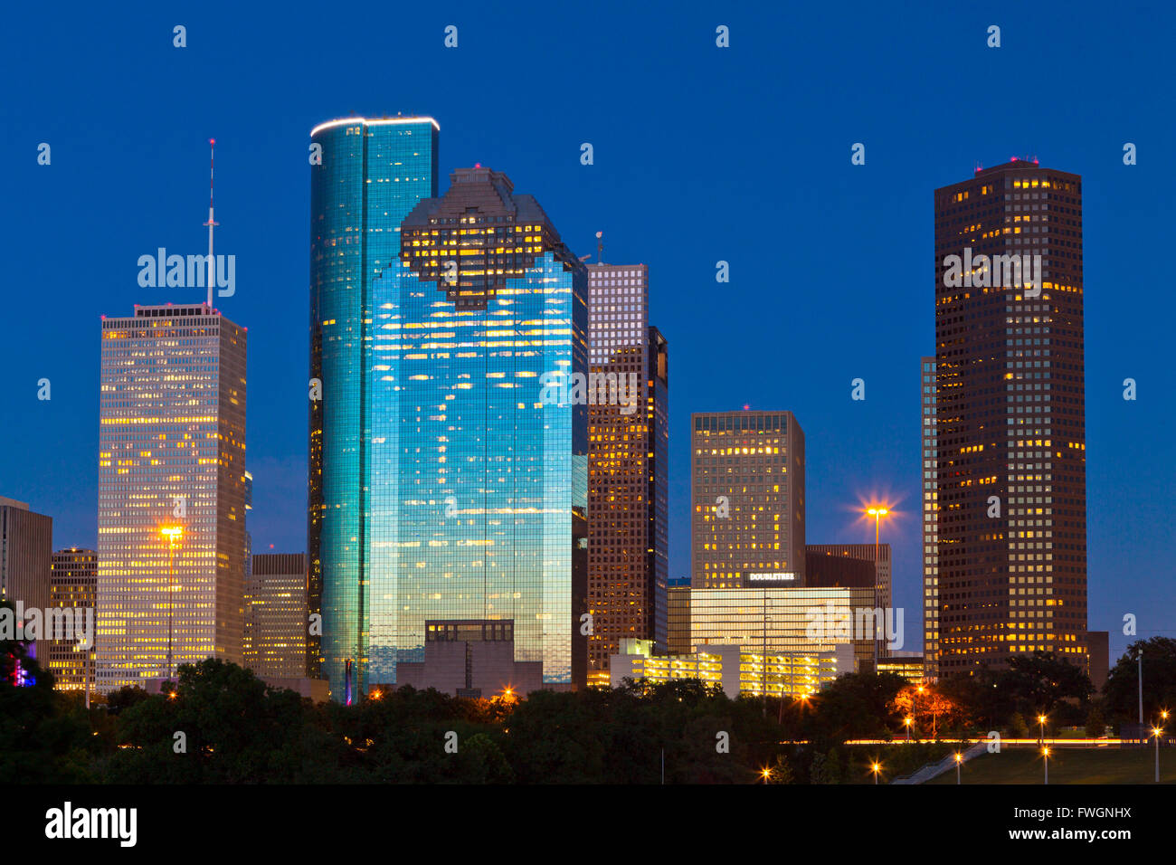 Houston skyline at night from Eleanor Tinsley Park, Texas, United States of America, North America Stock Photo