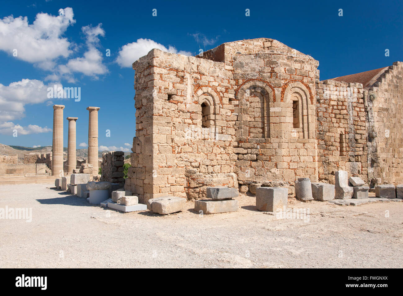 Remains of the Byzantine church of Agios Ioannis on the Acropolis, Lindos,  Rhodes, Dodecanese Islands, South Aegean, Greece Stock Photo - Alamy