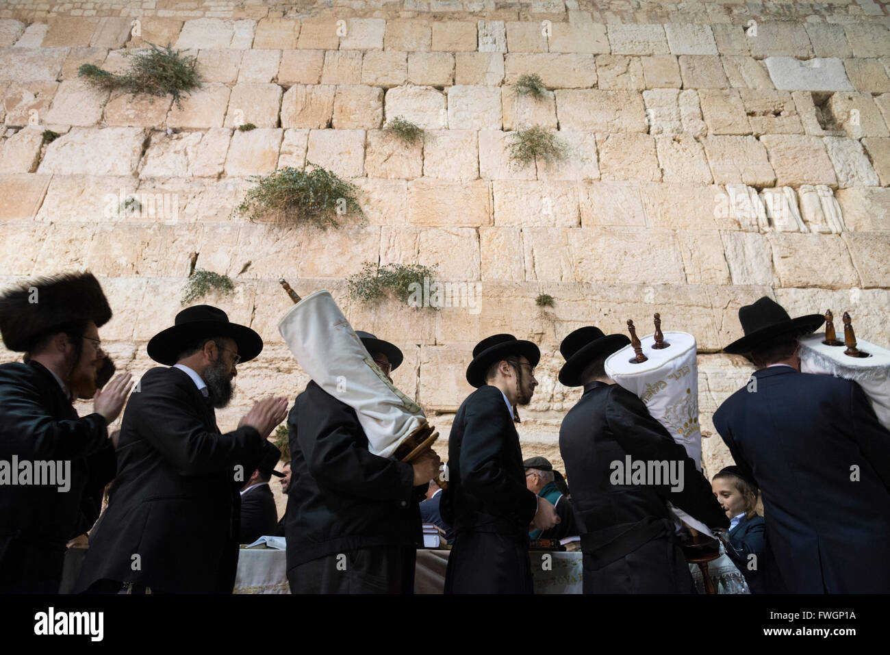 Orthodox Jews dancing with Torah scrolls during Simhat Torah festival, Western Wall, Jerusalem Old City, Israel, Middle East Stock Photo