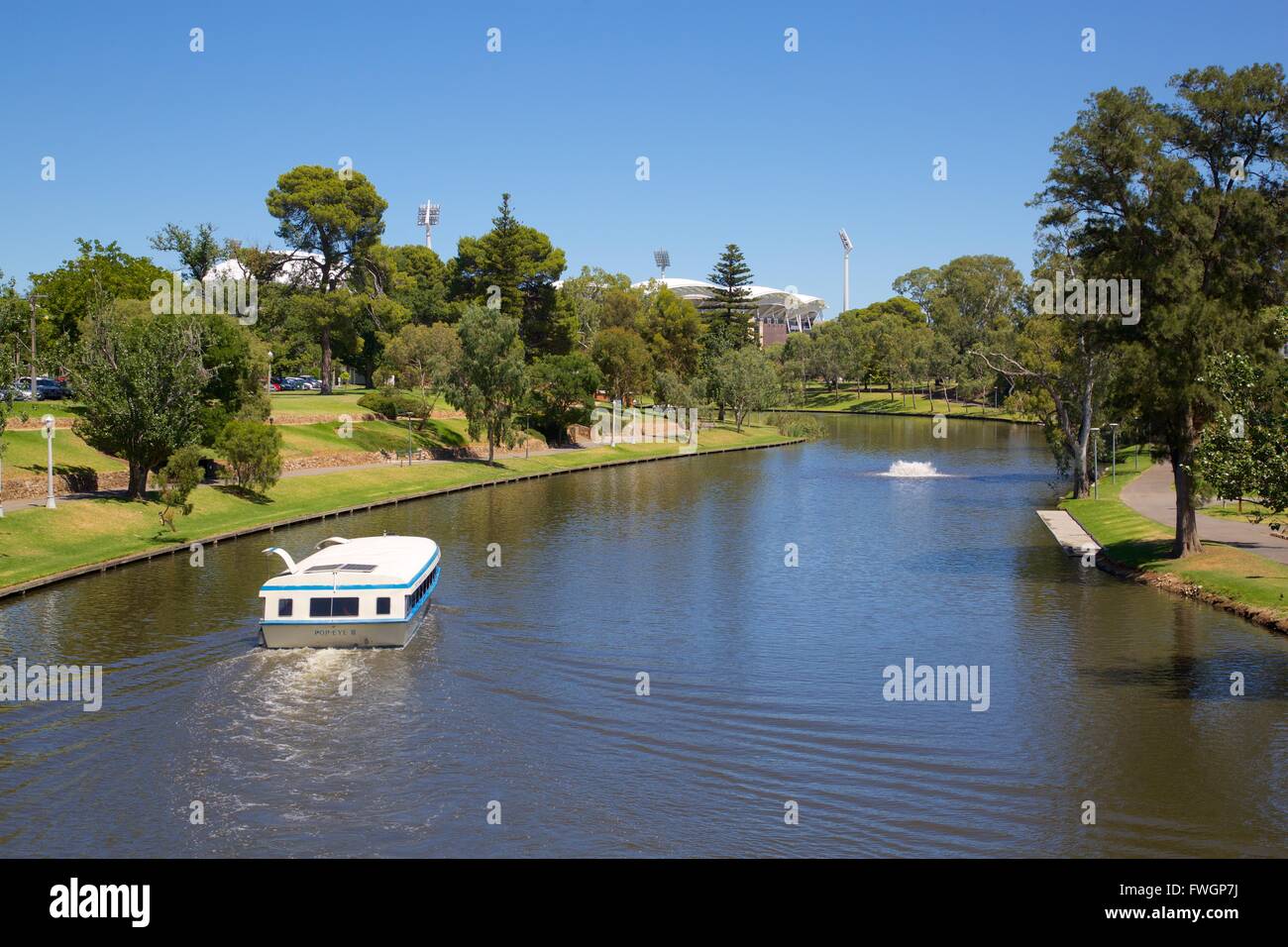 River Torrens and 'Popeye' boat from Foot Bridge, Adelaide, South Australia, Oceania Stock Photo