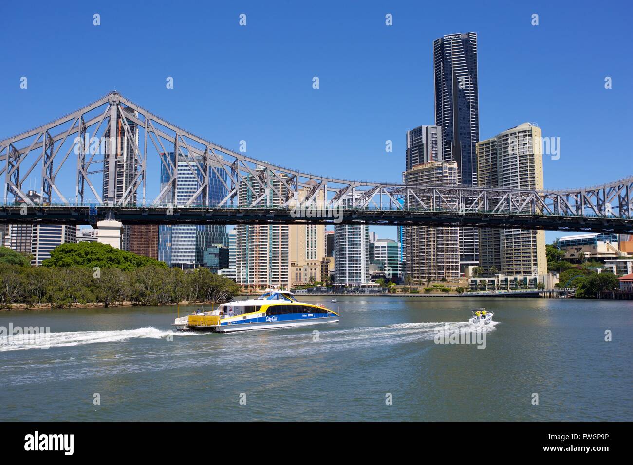 Story Bridge and City from New Farm Riverwalk, Brisbane, Queensland, Australia, Oceania Stock Photo