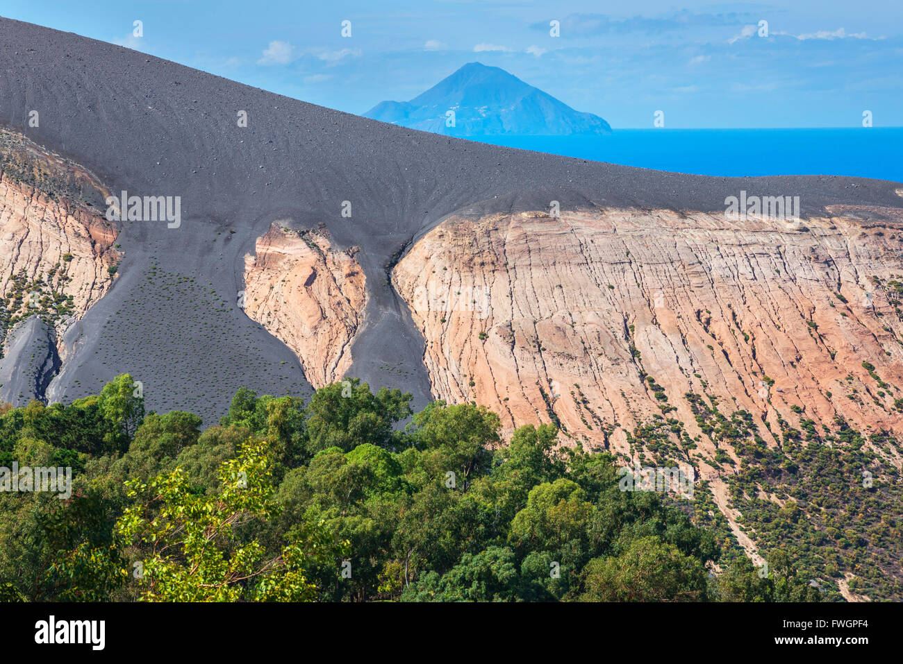 View of Gran Cratere and Finicudi Island, Vulcano Island, Aeolian Islands, UNESCO, north of Sicily, Italy, Mediterranean Stock Photo