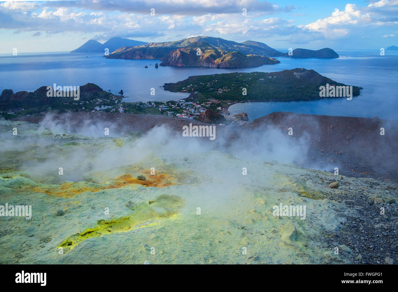 Gran Cratere (The Great Crater) and Aeolian Islands view, Vulcano Island, Aeolian Islands, UNESCO, north of Sicily, Italy Stock Photo