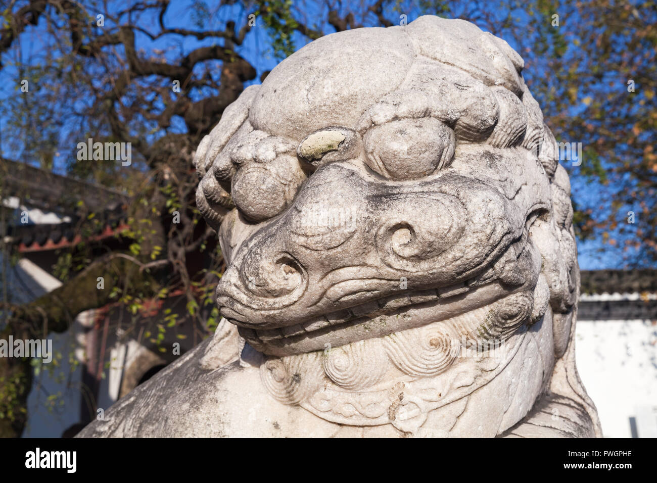 Ancient Chinese lion statue made of white stone Stock Photo