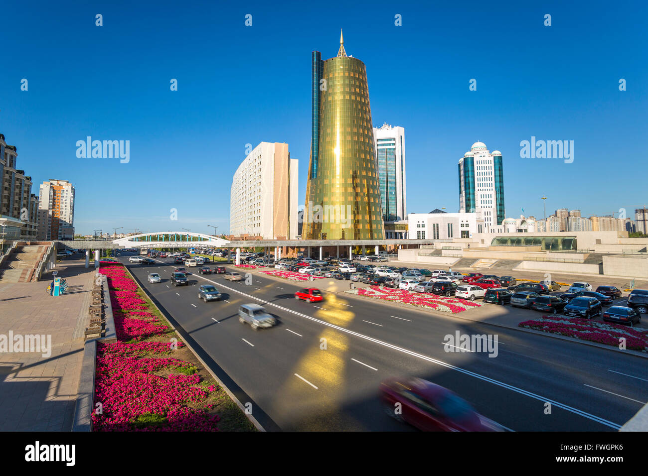 Twin golden conical business centres, Astana, Kazakhstan, Central Asia Stock Photo