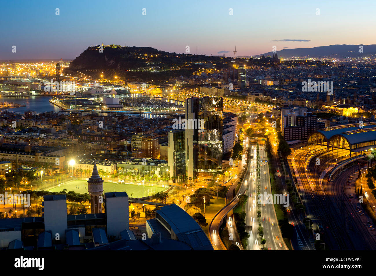 Elevated dusk view over Barcelona city centre, Catalunya (Catalonia) (Cataluna), Spain, Europe Stock Photo