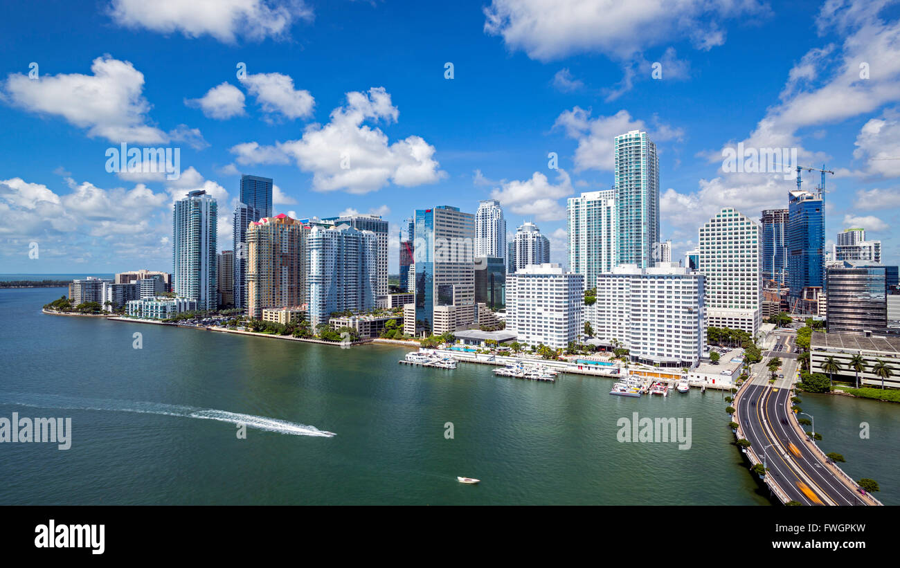 View from Brickell Key, a small island covered in apartment towers, towards the Miami skyline, Miami, Florida, USA Stock Photo