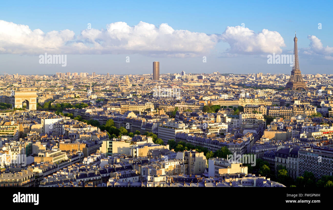 City, Arc de Triomphe and the Eiffel Tower, viewed over rooftops, Paris, France, Europe Stock
