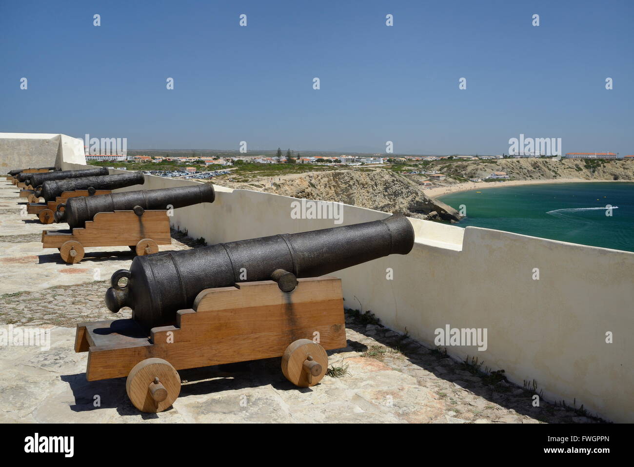 Row of cannons at Sagres fort (Fortaleza de Sagres), Ponta de Sagres, Algarve, Portugal, Europe Stock Photo