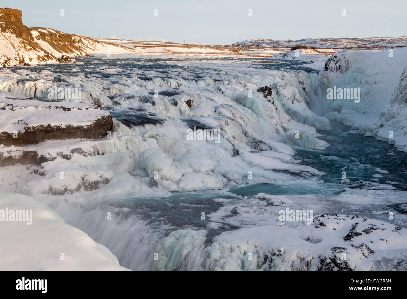 Close up of Gulfoss waterfalls in winter, covered in snow and ice Stock Photo