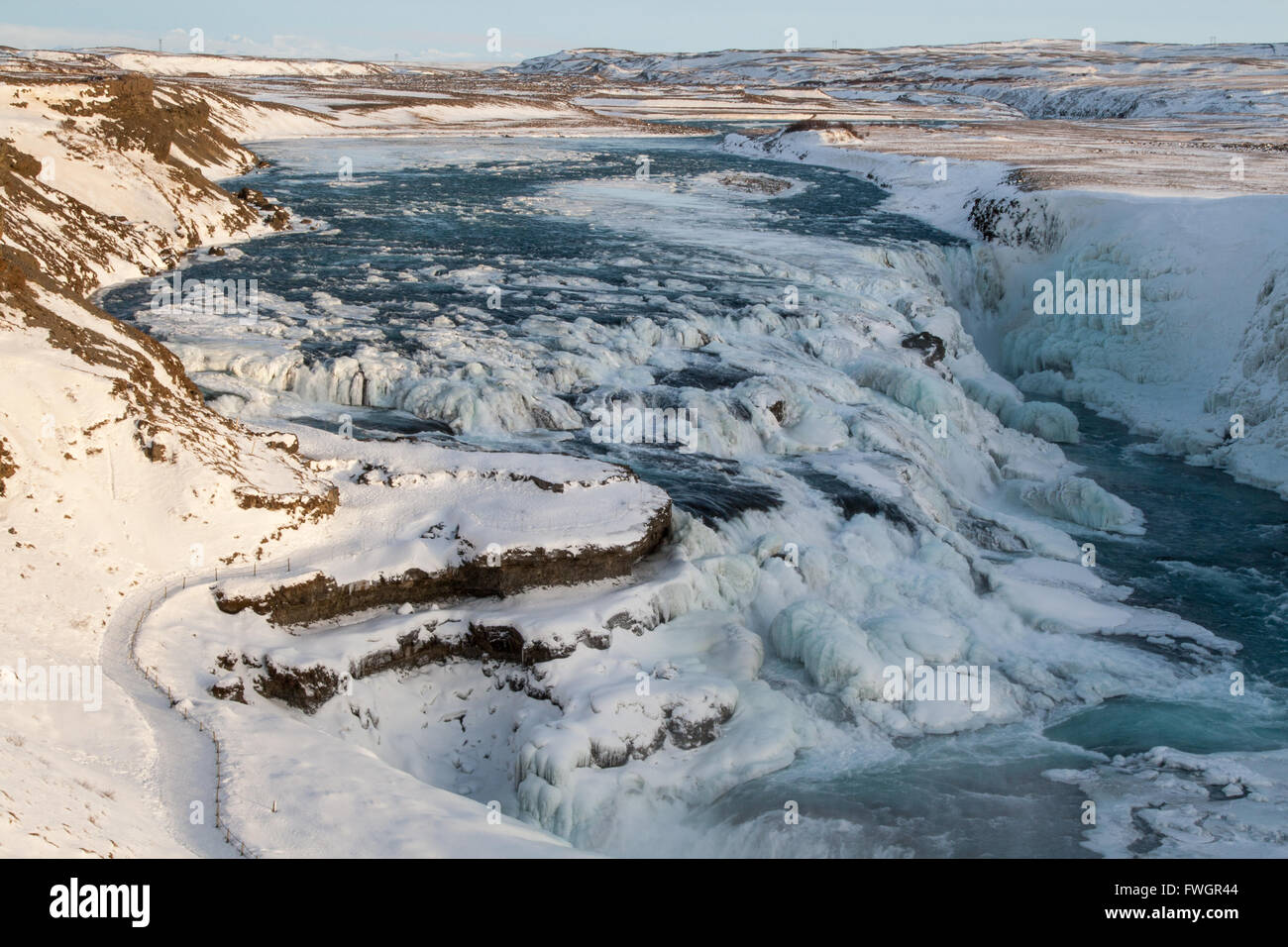 Gulfoss waterfalls, view looking up Hvita river from viewpoint in winter Stock Photo