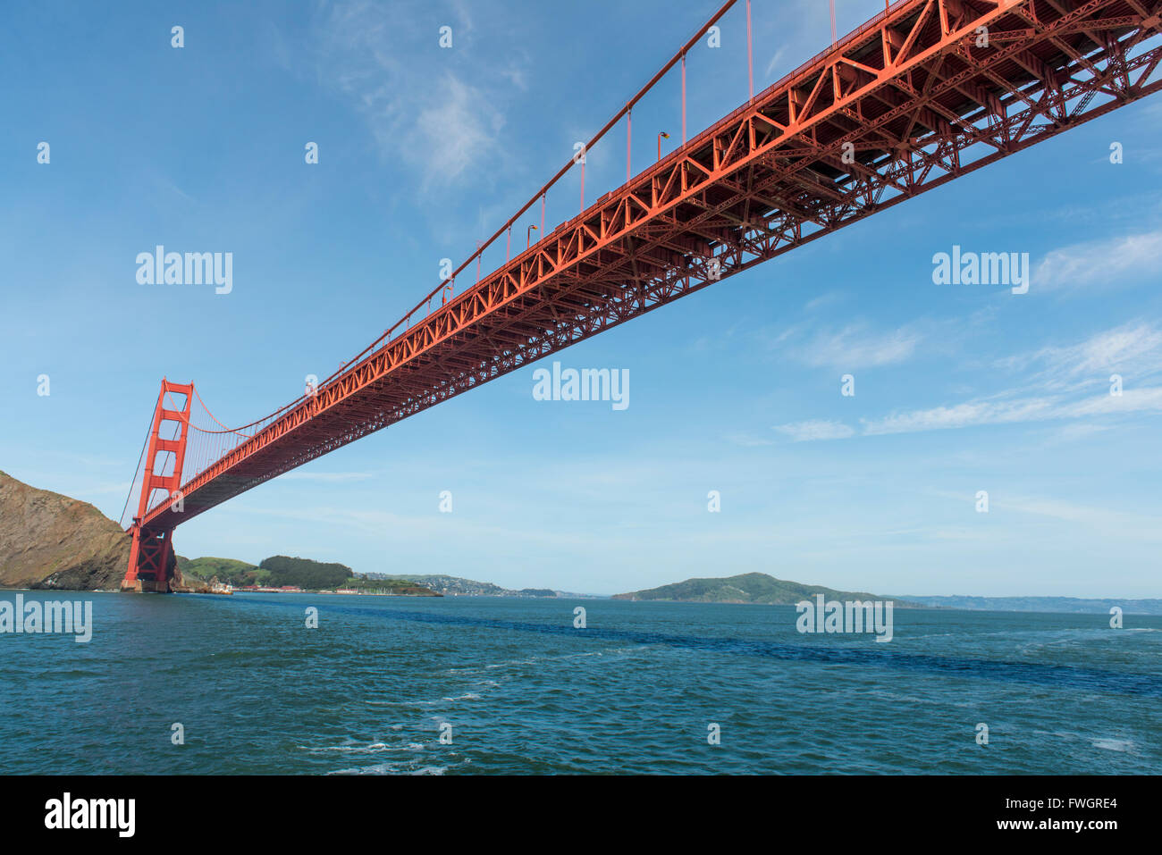 The Golden Gate Bridge, as seen from underneath, The Bay Area, San Francisco, California, USA. Stock Photo