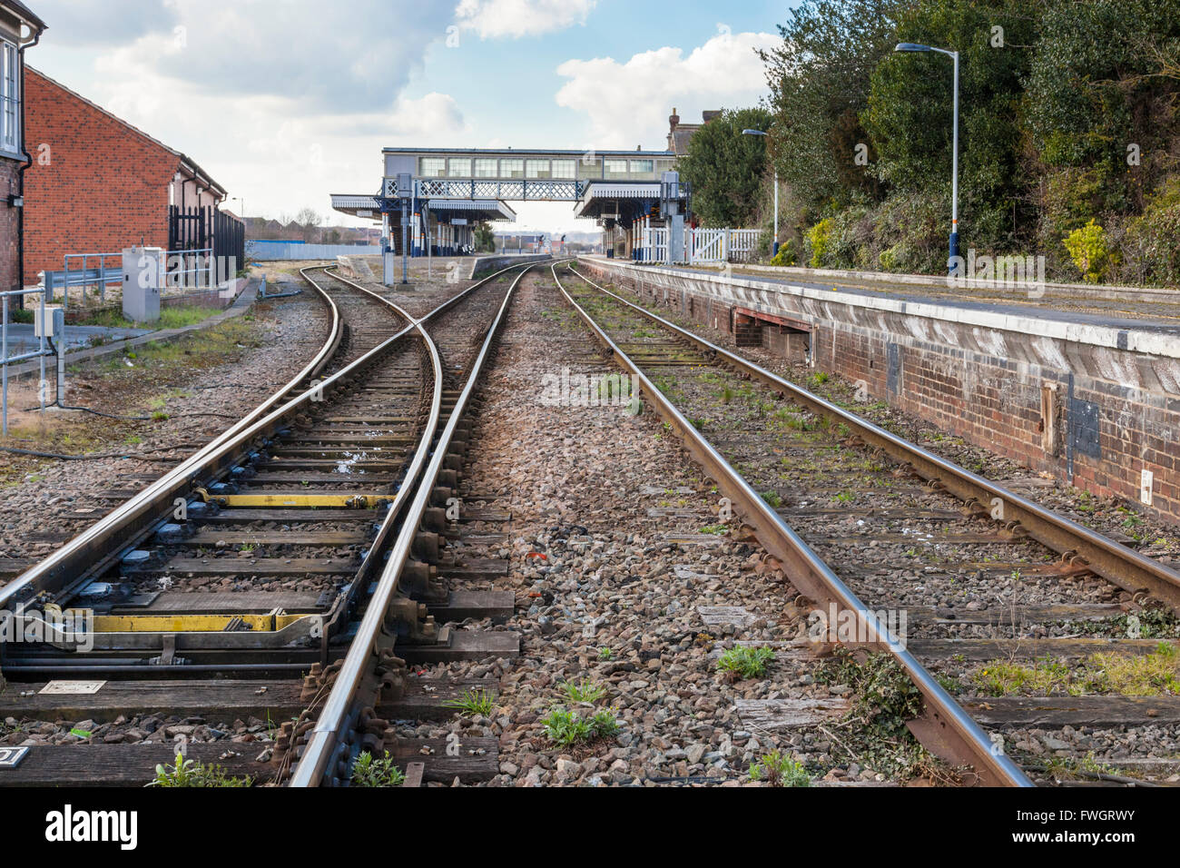Railway tracks with points or switching on the approach to Sleaford Railway Station, Sleaford, Lincolnshire, England, UK Stock Photo