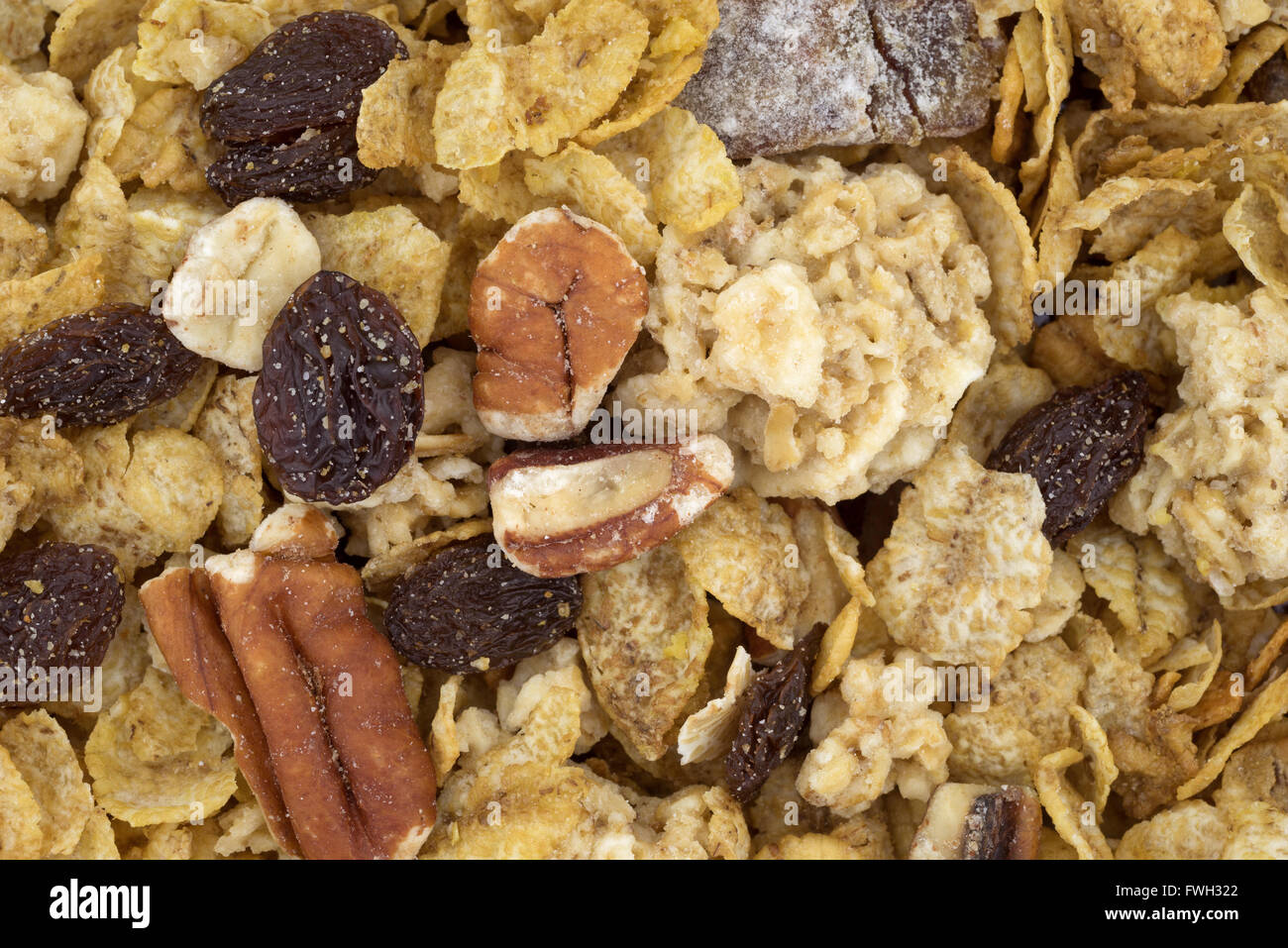 A very close view of pecans, raisins and dates breakfast cereal Stock