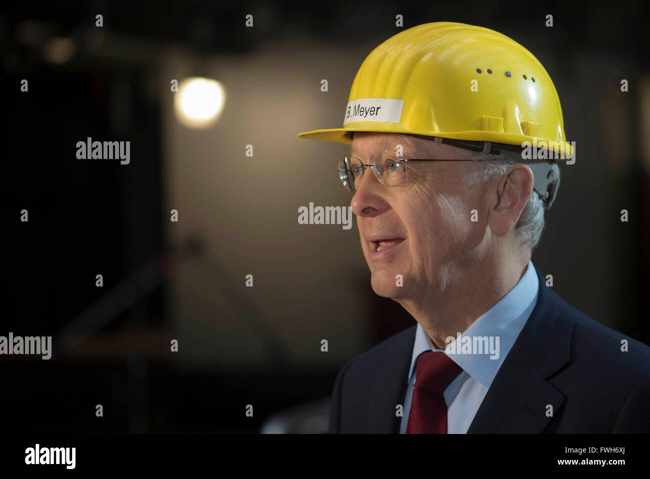 Papenburg, Germany. 05th Apr, 2016. Bernhard Meyer, general manager of the Meyer shipyard, speaks during the keel laying of the new cruise ship 'Norwegian Joy' in Papenburg, Germany, 05 April 2016. US shipping company Norwegian Cruise Line has commissioned their first cruise vessel solely catering to the Chinese market to be built by Papenburg-based Meyer shipyard. Photo: LARS KLEMMER/dpa/Alamy Live News Stock Photo