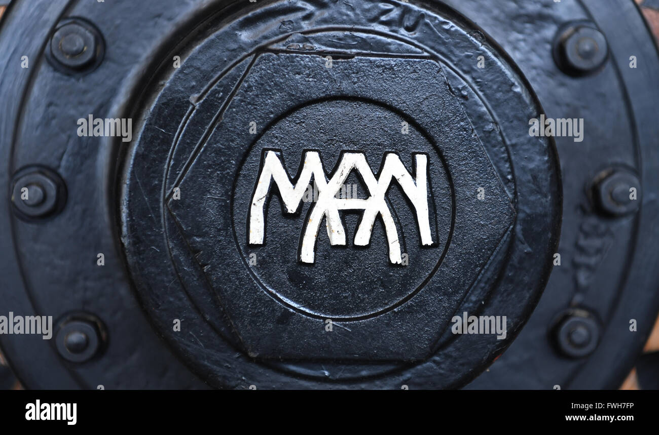 Munich, Germany. 04th Apr, 2016. A historical logo of lorry manufacturer MAN, in Munich, Germany, 04 April 2016. Photo: PETER KNEFFEL/dpa/Alamy Live News Stock Photo