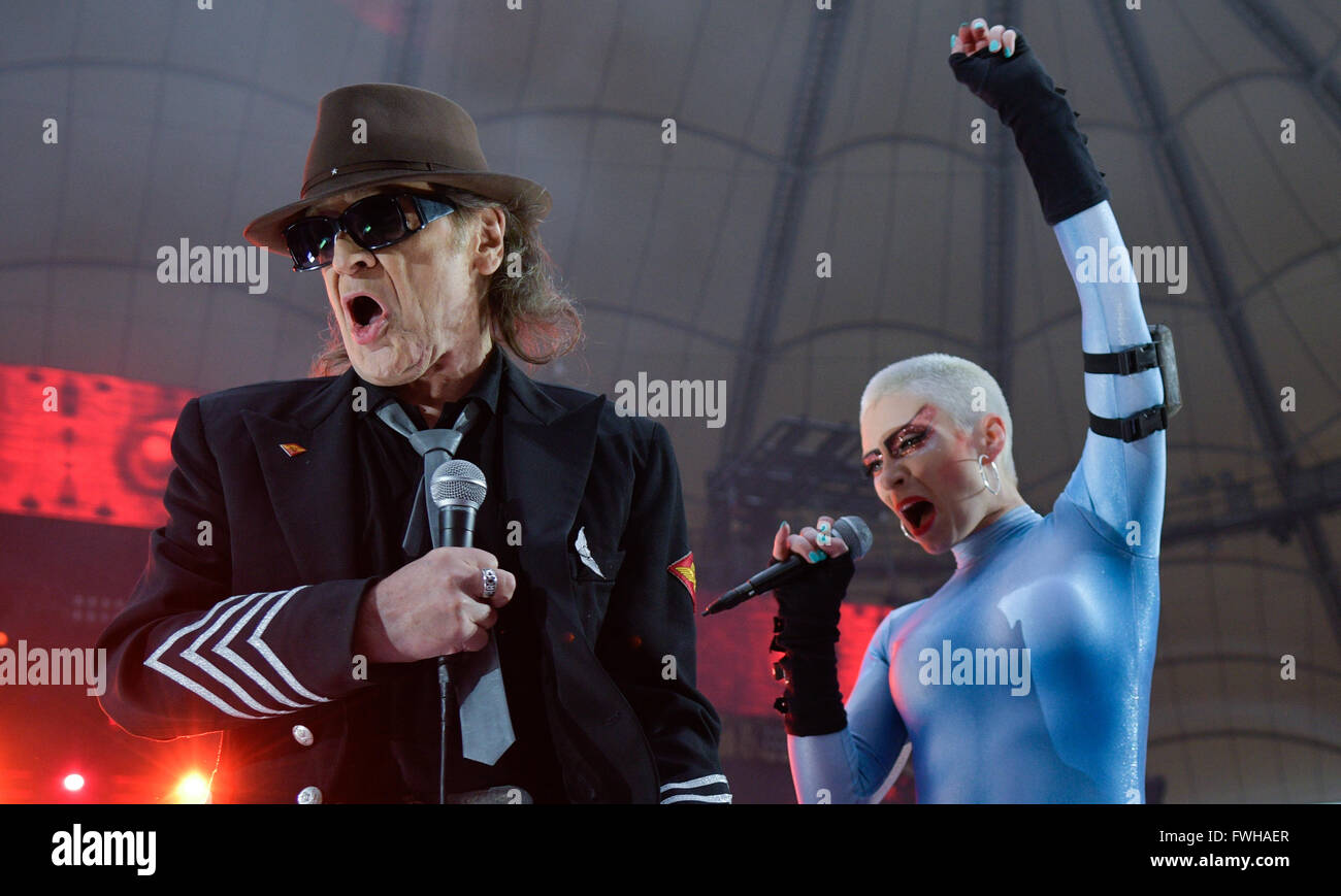 German singer Udo Lindenberg (L) performs on stage at Volksparkstadion ...
