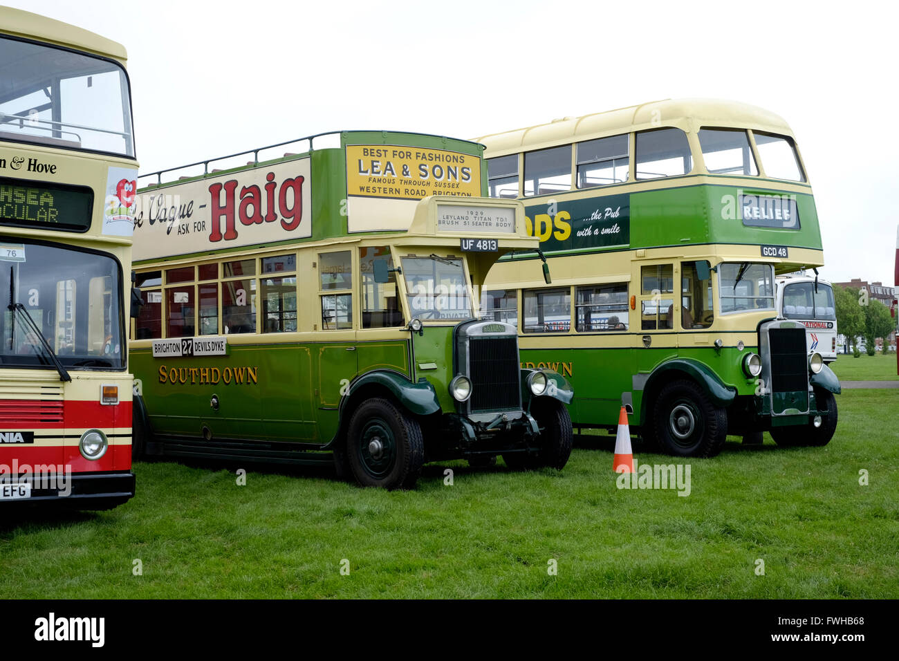 a line up of vehicles at a show of classic vintage buses southsea england uk Stock Photo