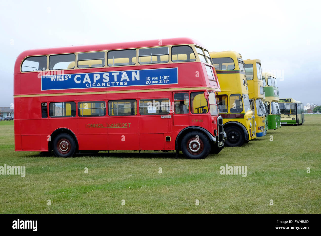 vehicles lined up at a show of classic vintage buses southsea england uk Stock Photo