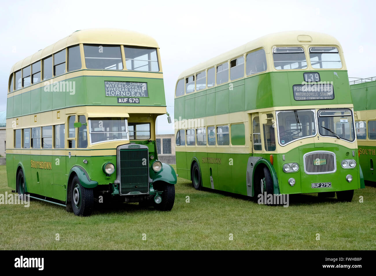 old vehicles lined up at a show of classic vintage buses southsea england uk Stock Photo