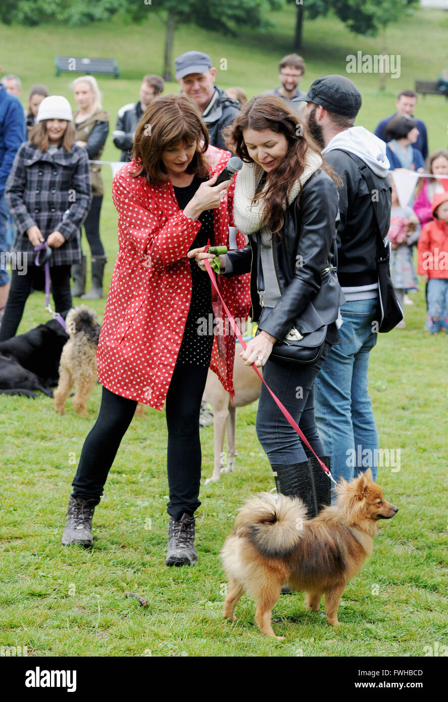 Brighton UK 12th June 2016 -  Compere Annabel Giles meets entrants at the annual Bark in the Park Dog Show held in Queens Park Brighton and which has become one of the most popular community events in the city  Credit:  Simon Dack/Alamy Live News Stock Photo